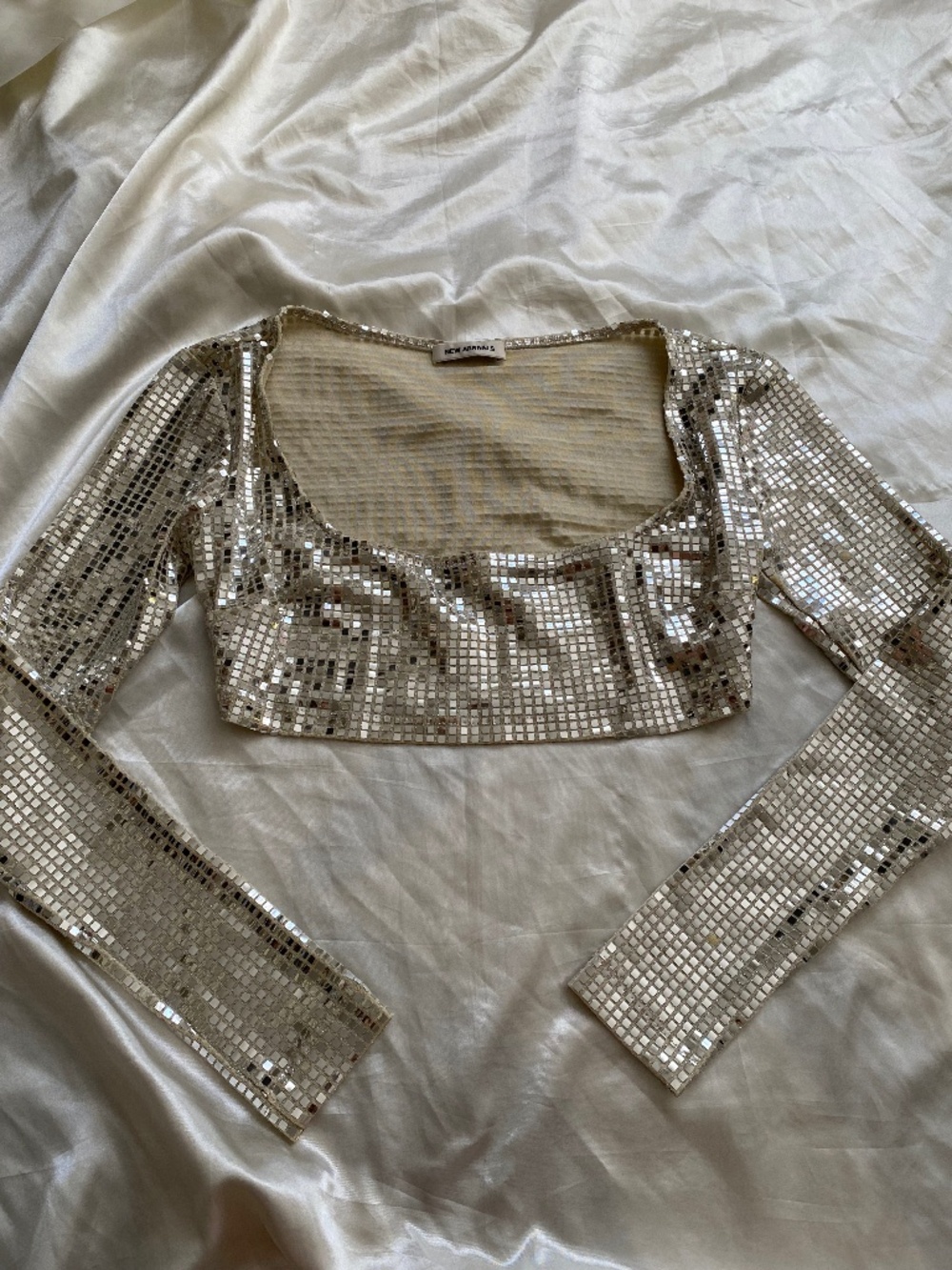 New Arrivals Sasha Sequined Crop Top Long Sleeve Le Memphis Metallic Silver 38